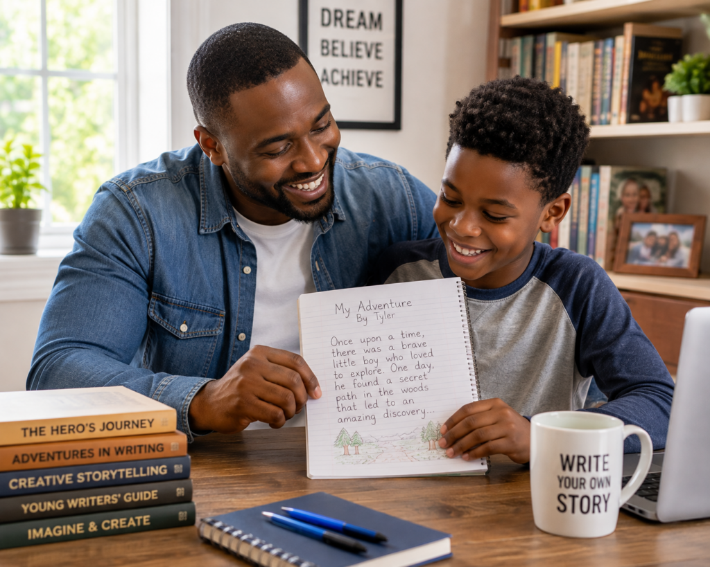 A father and son sharing a joyful moment while looking over the boy's handwritten story.