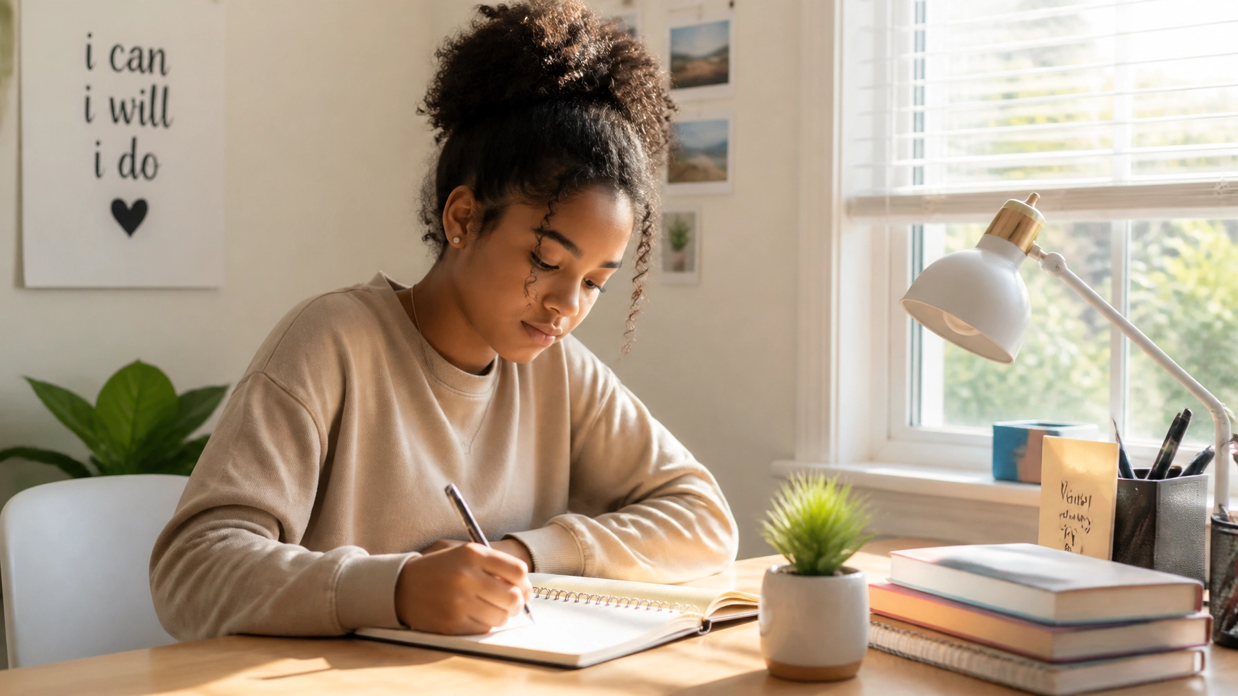 A focused teenage girl of African descent writing in her notebook at a sunlit desk.