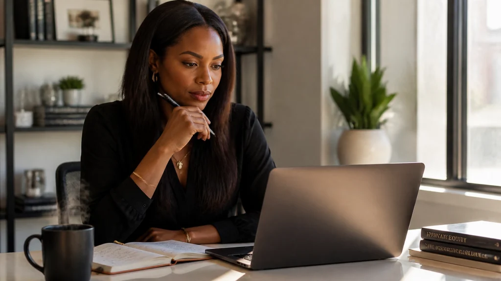 A professional dark-skinned woman sitting at a clean, modern desk, looking thoughtfully at her laptop screen with a notebook and coffee nearby.