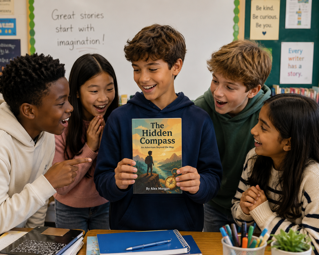 A young author showing his physical book to his impressed friends in a classroom setting